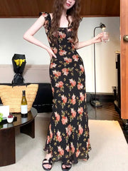 Floral Strap Midi Dress Women Sleeveless Beach Vintage Dress Female French Elegant Bodycon One Piece Dress Korean 2023 Summer
