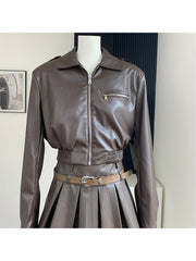Lizakosht - Formal Occasion Outfits 2 Piece Set Classical Solid Colors PU Jacket+Wrap Hip High Street Pleated Skirts Coquette Autumn Winter