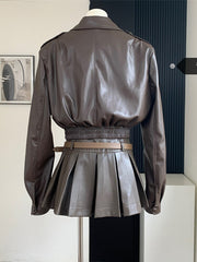 Lizakosht - Formal Occasion Outfits 2 Piece Set Classical Solid Colors PU Jacket+Wrap Hip High Street Pleated Skirts Coquette Autumn Winter
