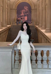 Lizakosht French Elegant Women New White Mermaid Dress Fashion Patchwork Lady Slim Vestidos Clothes Autumn Vintage Ruched Prom Maxi