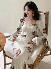 French Floral Pint Women Split Strap Dress Casual New Long Sleeve Vintage Cardigan Elegant Slim Waist Lady Evening Party Suits