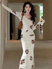 French Floral Pint Women Split Strap Dress Casual New Long Sleeve Vintage Cardigan Elegant Slim Waist Lady Evening Party Suits