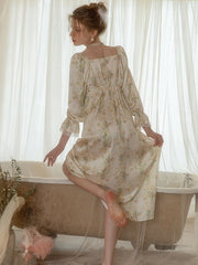 Lizakosht French Sexy Pajamas Female Ice Silk Nightgown with Chest Pad Home Clothes Long Sleeve V-Neck Nightdress Printed Home Clothes