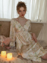 Lizakosht French Sexy Pajamas Female Ice Silk Nightgown with Chest Pad Home Clothes Long Sleeve V-Neck Nightdress Printed Home Clothes