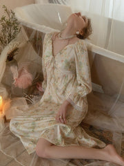 Lizakosht French Sexy Pajamas Female Ice Silk Nightgown with Chest Pad Home Clothes Long Sleeve V-Neck Nightdress Printed Home Clothes
