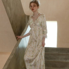 Lizakosht French Sexy Pajamas Female Ice Silk Nightgown with Chest Pad Home Clothes Long Sleeve V-Neck Nightdress Printed Home Clothes