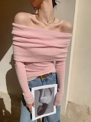 Lizakosht French Vintage Off Shoulder One Line Neck Sweater Women's Clothing Spring Autumn Slim Versatile Top Fashion Knitted Pullover