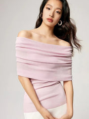 Lizakosht French Vintage Off Shoulder One Line Neck Sweater Women's Clothing Spring Autumn Slim Versatile Top Fashion Knitted Pullover