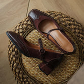 Lizakosht Genuine Leather Mary Jane Women's Shoes Fashion Retro Buckle Shallow Pumps Square Toe Thick Heel Handmade Shoes Woman Size 34-40