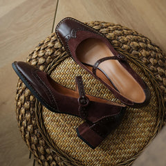 Lizakosht Genuine Leather Mary Jane Women's Shoes Fashion Retro Buckle Shallow Pumps Square Toe Thick Heel Handmade Shoes Woman Size 34-40