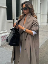 Lizakosht Grey Lapel Double Breasted Women Long Overcoat Long Sleeve Pocket With Scarf Loose Windbreaker Autumn Chic Lady Streetwear