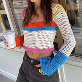 New Women Sweater Pullover Sexy Hollow Out Casual Solid Color Classic Square Neck Tops Loose Autumn Spring Knitting Clothes