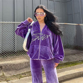 Autumn Smart Trousers Suit Rhinestone Letters Velvet Zipper Coat Wideleg Pants Womens Loose Casual Street Clothing Trousers Suit