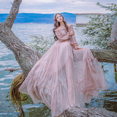 Brand New Women Fashion Dress Off Shoulder Lantern Sleeve Chiffon Long Dress Embroidery High Waist Boho Dress Vestidos