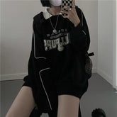 Vintage Oversized Hoodie Women Autumn Harajuku Preppy Style Patchwork Fake Two-piece Sweatshirt Casual Kpop Streetwear
