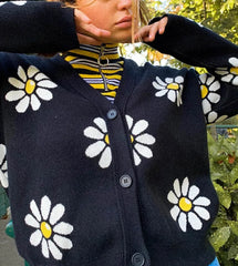 Lizakosht Vintage Flower Knit Cardigans Sweater y2k Women Autumn Winter V Neck Loose Elegant Sweater Coat Female Casual Thick Clothes