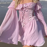 Lizakosht Beach Style Vintage Chiffon Dress With Corset Bandage Hollow Out Bustier Prairie Chic Flare Sleeve Dresses 2 Pieces Set