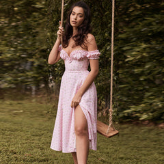 Strapless Side Split Corset Dress Beach Dress Summer Pink Floral Long Dress Women Sexy Off Shoulder Ruffles Party Dresses
