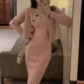 Tow Piece Set Women Autumn 2021 Korean Slim Knitted Cardigan Coat+sexy Bodycon Strap Dress Office Lady Sashes Casual Sweater Set