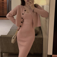 Tow Piece Set Women Autumn 2021 Korean Slim Knitted Cardigan Coat+sexy Bodycon Strap Dress Office Lady Sashes Casual Sweater Set