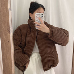 Autumn Winter Corduroy Stand-up collar Parka Harajuku Loose Corduroy Jacket Women Thick Short Coats Women Elegant Coat Women