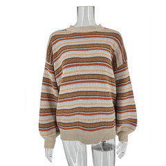 High Street Women Sweater Striped Contrasting Color Sweaters Vintage O-Neck Long Sleeve Knitwear Pullovers Women Clothes