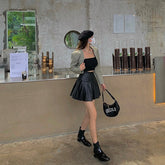 Y2KPleated Faux Leather Women's Mini Skirt High Waist Sexy Black Female Short Skirt New Autumn Fashion Ladies Bottoms