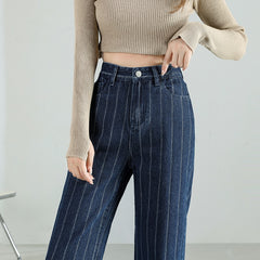 Stripe Jeans Straight Pants Loose High Waist Plus Size Women Casual Fashion Retro Cowboy Wide Leg Trousers 2022 New