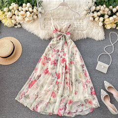 Women's Beach Dress Goddess Seaside Vacation Style Sexy Open-back Strapless Bow Dress Super Fairy Print A-line Dress ML753