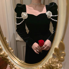 Velvet Vintage Elegant Dress Women 2022 Flower French Evening Party Mini Dresses Ladies Black Casual Korean Style Dress Winter