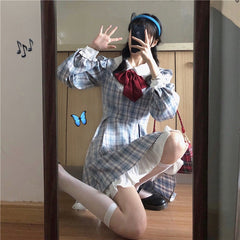 Lizakosht Women Japanese Harajuku Peter Pan Collar Bow Dress Female A-line Cute Lolita Dress Blue Plaid Ruffles Fairy Vestidos