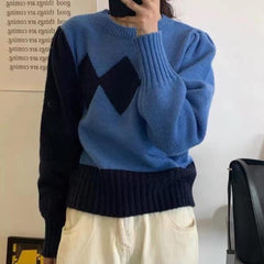 Retro Lozenge Knitting Womens Sweater Autumn New 2022 Korean Fashion Color Contrast Long Sleeve Pullover Sweater Tops