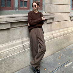 Retro Straight Wide Leg Brown Pants Vintage Female Spring New Korean Fashion High Waist Casual Long Coffee Pants White Trousers