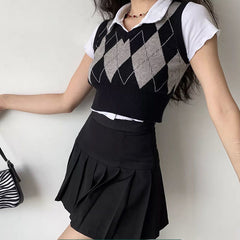 Lizakosht Vintage Argyle Plaid Sweater Vest Women V-Neck Female Sleeveless Tank Jumper Ladies Short Spring Knitting Pullovers Tops