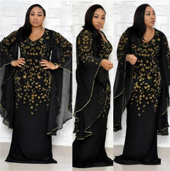 Lizakosht African Dresses for Women Dashiki Diamond African Clothes Bazin Broder Riche Sexy Slim Ruffle Sleeve Robe Evening Long Dress