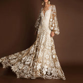 Grosfairy New Wedding Party Dresses Women Deep V Neck Mesh Embroider Puff Sleeve Backless White Evening Vestido 2021 Fashion