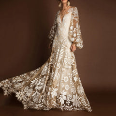 Grosfairy New Wedding Party Dresses Women Deep V Neck Mesh Embroider Puff Sleeve Backless White Evening Vestido 2021 Fashion