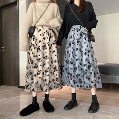 Neophil 2021 Summer Women Tulle Mesh Midi Skirts 3 Layers Floral Puffy Pleated High Waist Casual Fashion Skirt Saias Jupe S21305
