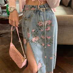 Streetwear Vintage Flowers Print Long Denim Skirts Summer 2022 High Waist Slim Sexy Open Split Straight Skirt Jeans Saias Female