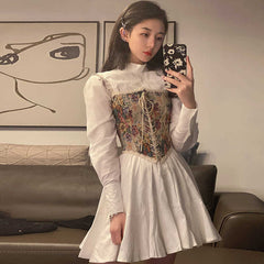 Korean Vintage Kawali Dress Women Elegant Casual Summer Print Floral Mini Dress Female Pretty Party Bandage Holiday Party Dress
