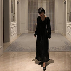 Lizakosht Vintage Glitter Long Maxi Dress Women Spring High Waist Long Sleeve Elegant Boho Dress Shiny Party Dress Plus Size Sexy A872