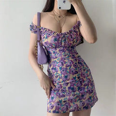Summer Floral Dress Puff Sleeve Printing French Mini Dress Women Vestidos De Verano Short Sleeve Sexy Club Dress Ladies Dresses