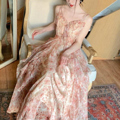 Lizakosht Elegant Chiffon Print Dress Women Retro Sexy Sweet Fit Chic Spaghetti Strap Lace-up Corset Dress Holiday Beach Summer Dress