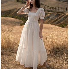 Elegant Embroidery Lace Dress Vintage White Summer Women Dresses Puff Sleeve Bandage Ladies Party Woman Dress Vestidos