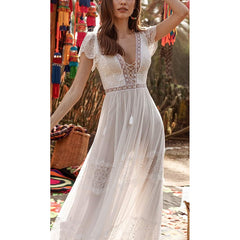 Lizakosht  Summer Women Long Beach Dress Lace Up Sexy Transparent White Lace Sexy Maxi Tunic Dress