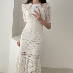 Lizakosht 4Colors Summer Bodycon Long Dress Female Elegant Hollow Out Women Knit Short Sleeve High waist Mide Dresses Fmeale(yx2040