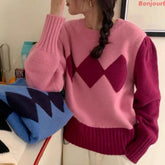 Retro Lozenge Knitting Womens Sweater Autumn New 2022 Korean Fashion Color Contrast Long Sleeve Pullover Sweater Tops