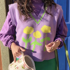 Floral Print Knitted Sleeveless Sweater Women Vest Spring Autumn V Neck Waistcoat Pullovers Green High Fashion Vintage Tops