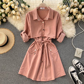 New Women Short Dress Spring Autumn Turn Down Collar Single-breasted Casual Dresses Ladies Shirts Dress