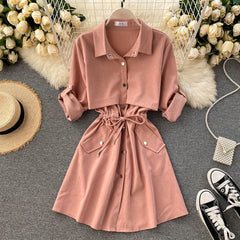New Women Short Dress Spring Autumn Turn Down Collar Single-breasted Casual Dresses Ladies Shirts Dress
